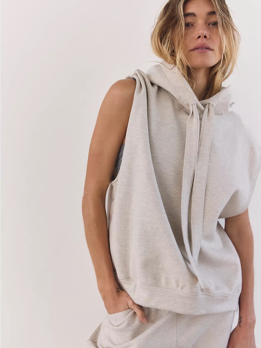 FP Movement by Free People Sleeveless Drawstring Hoodie in Oatmeal